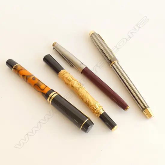 4 ASST PENS; 3 FOUNTAIN INCL GOLD GILD ORIENTAL CASED PEN + ONE OTHER 