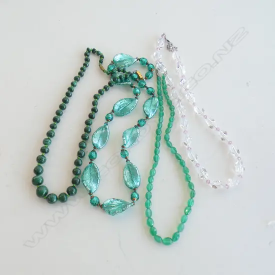 4 NECKLACES; MALACHITE, 2x GREEN GLASS, CRYSTAL 
