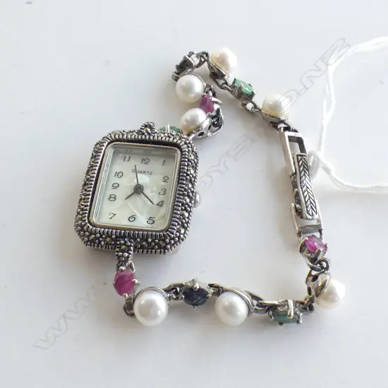 LADIES VINTAGE FAUX PEARL & COLOURED GLASS BRACELET MARCASITE QUARTZ WATCH - NOT GOING