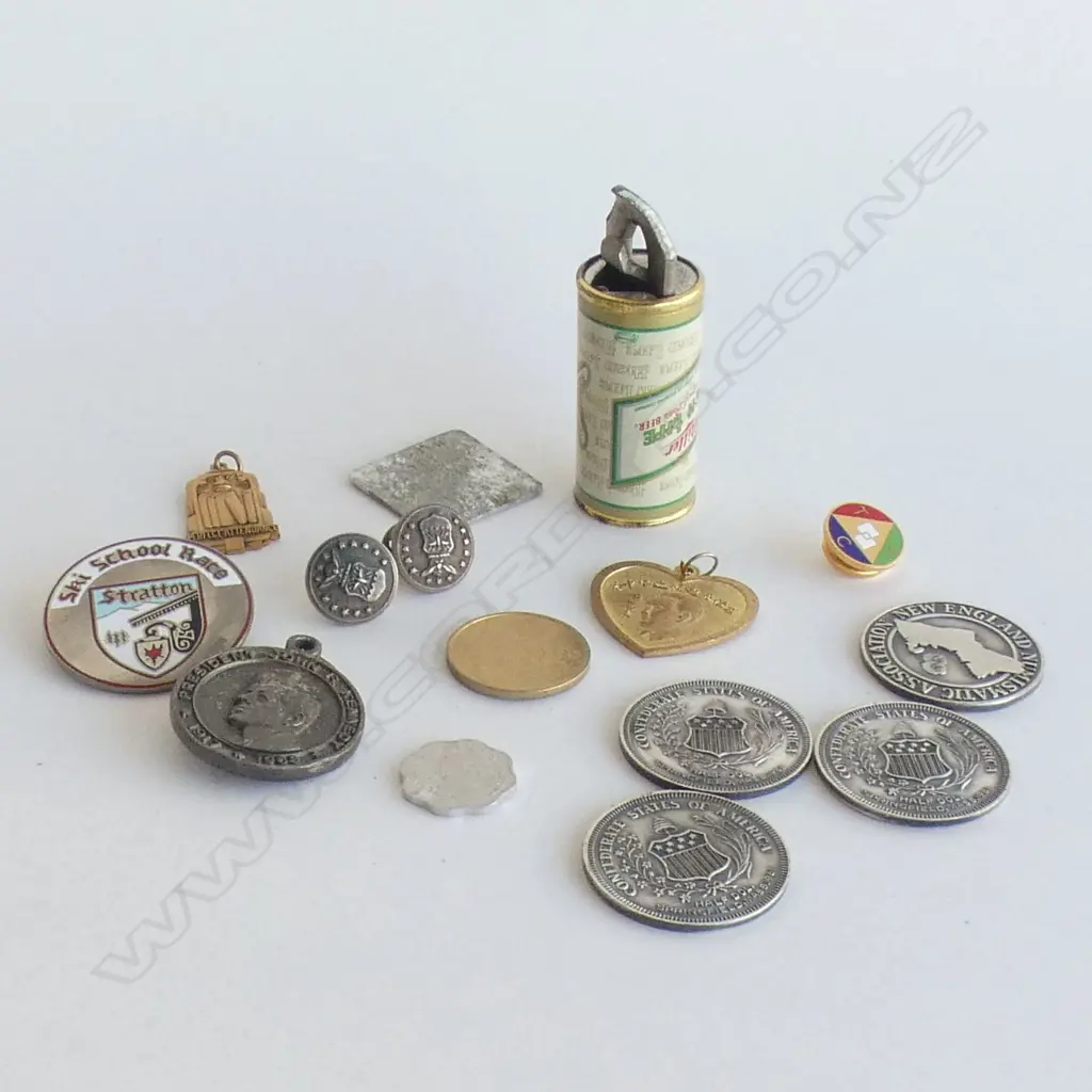 BAG ASST COINS, MEDALLIONS, PINS ETC.. + GERMAN MILLERS HIGH LIFE BOTTLE OPENER Image 1++