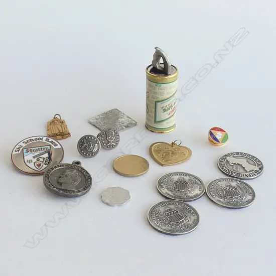 BAG ASST COINS, MEDALLIONS, PINS ETC.. + GERMAN MILLERS HIGH LIFE BOTTLE OPENER