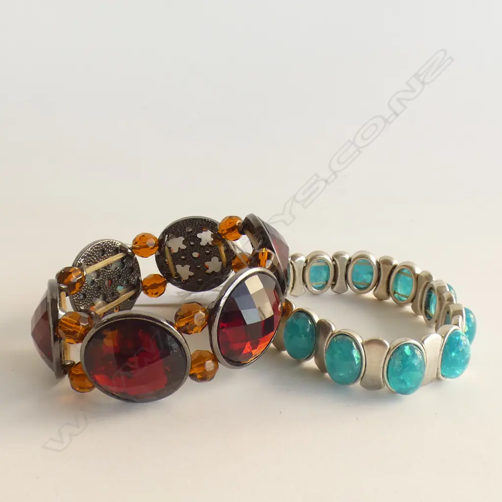 2 BRACELETS;  1 FAUX OPAL & SILVER & 1 LG AMBER GLASS BEADS - BOTH STRETCH BANDS  Image 1++