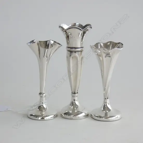 3 ASST STG SILVER BUD VASES - TALLEST H 125MM C1903-1920  199GMS INCL WEIGHTED BASES 