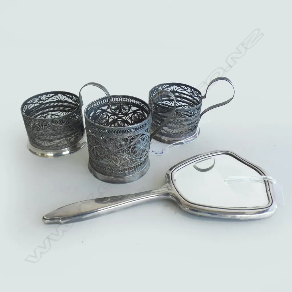 STG SILVER DRESSING MIRROR + 3 SILVER METAL CUP HOLDERS Image 1++