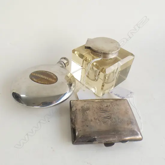 AMBER FACET CUT GLASS INK BOTTLE STG SILVER LID A/F (H60MM) STG SILVER CIGARETTE CASE & EP MALT WHISKY FLASK (H110MM)
