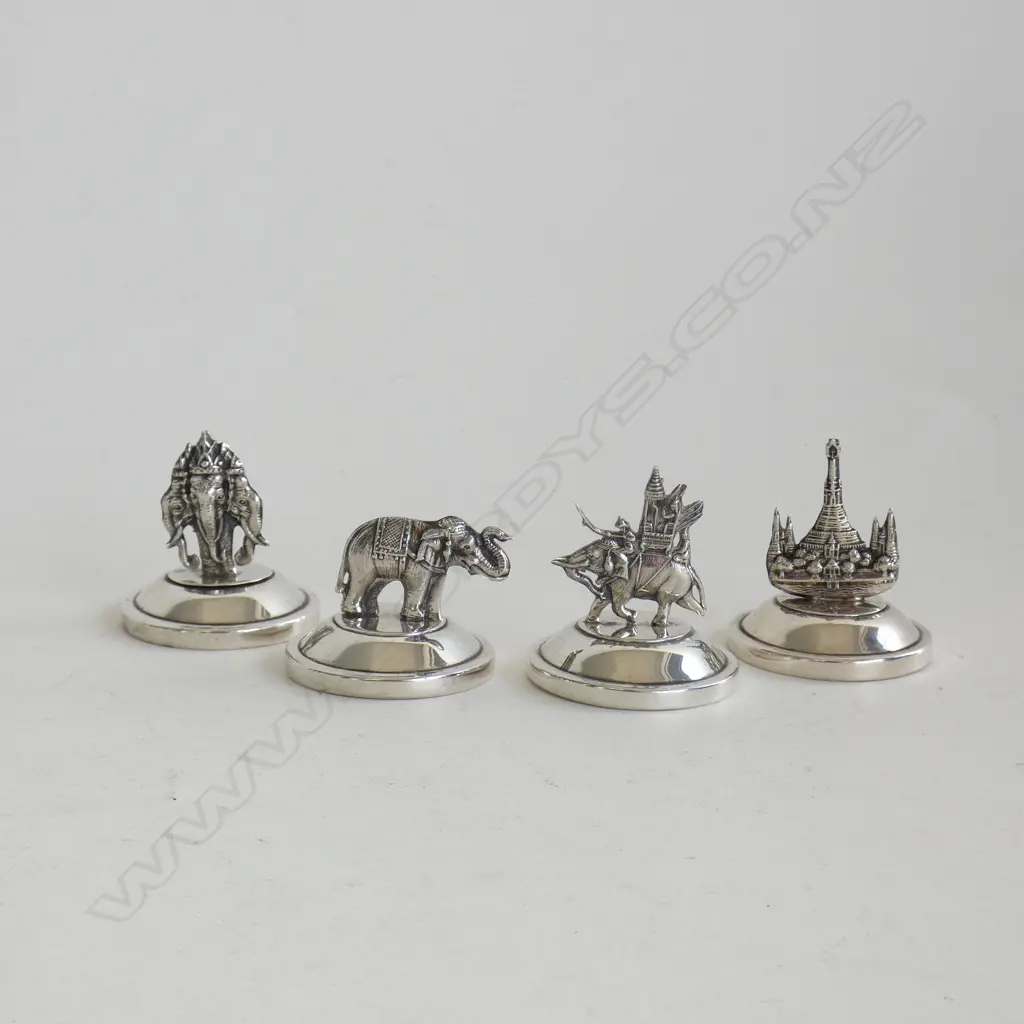 SET 4 ASST SIAM SILVER MENU HOLDERS C1930'S  Image 1++