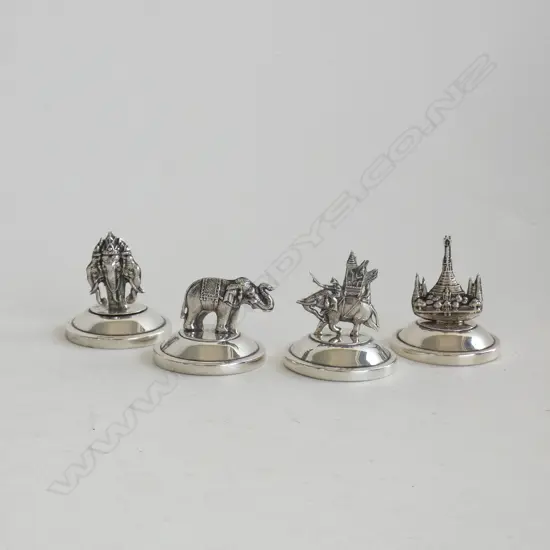 SET 4 ASST SIAM SILVER MENU HOLDERS C1930'S 