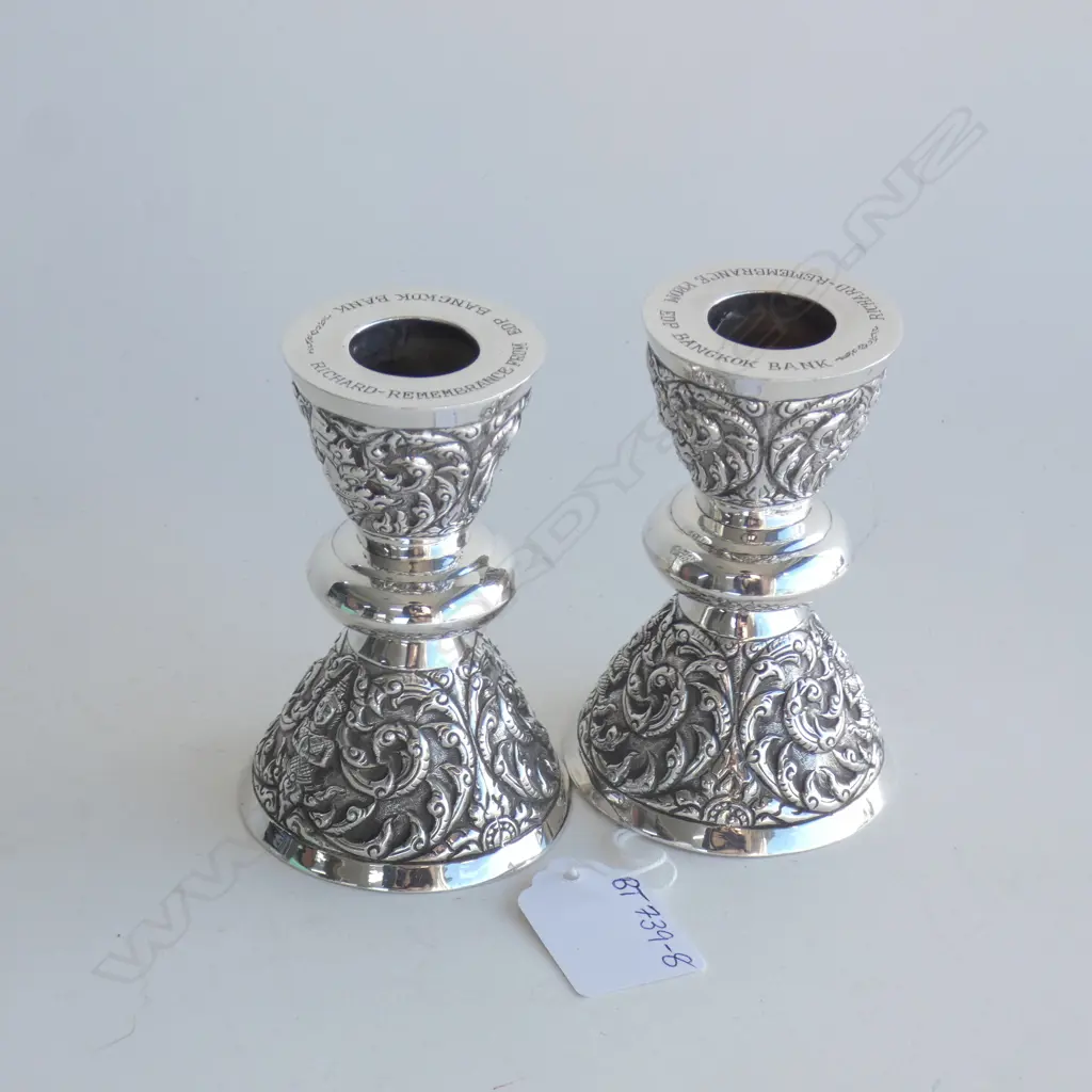 PR ORNATE SIAM SILVER CANDLE HOLDERS C 1930'S  H 95MM Image 1++