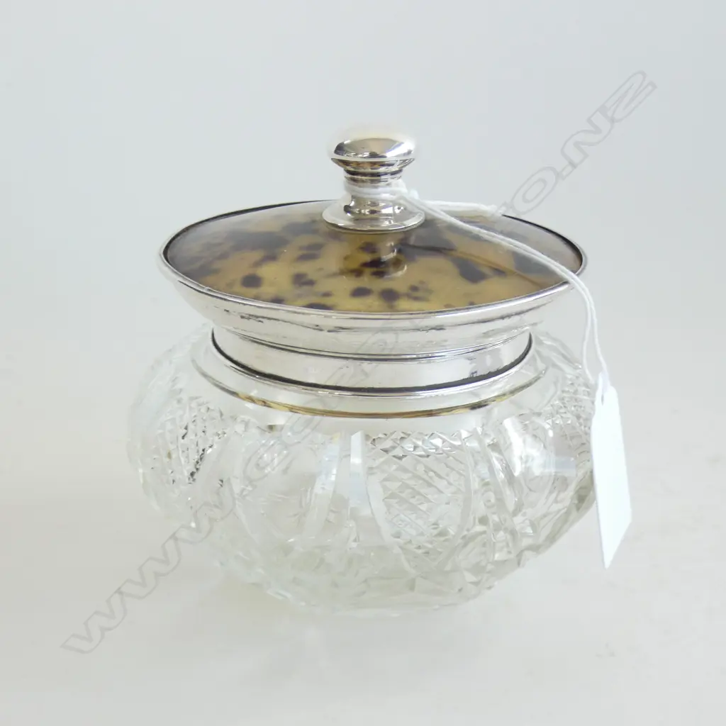 STG SILVER RIMMED FAUX TORTOISESHELL LIDDED DRESSING TABLE CONTAINER BIRM 1927  DIA 100MM Image 1++