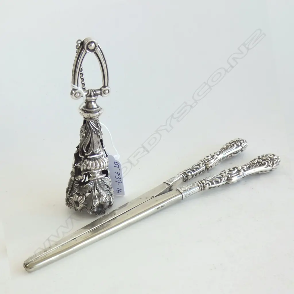 STG SILVER POSY HOLDER (C1850 - NO HALLMARKS) & STG SILVER GLOVE STRETCHERS BIRM 1900  102GMS Image 1++