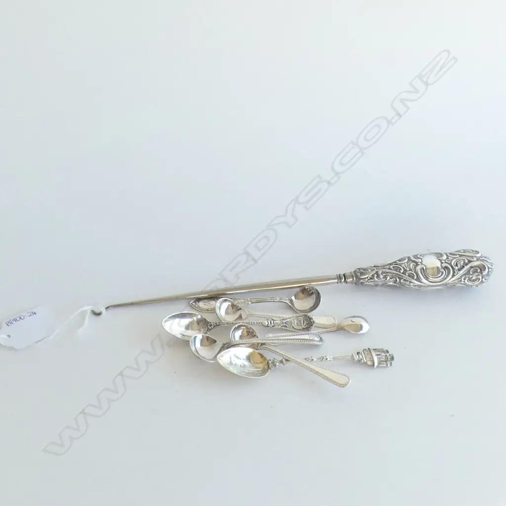 ASST SILVER & SILVER PLATE. BUTTON HOOK & 7 SPOONS Image 1++