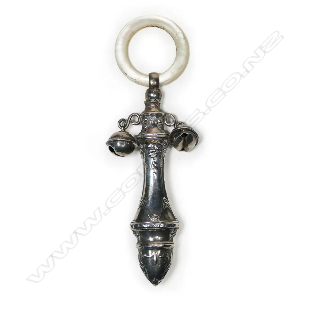 A silver and mother of pearl baby rattle, Image 1++