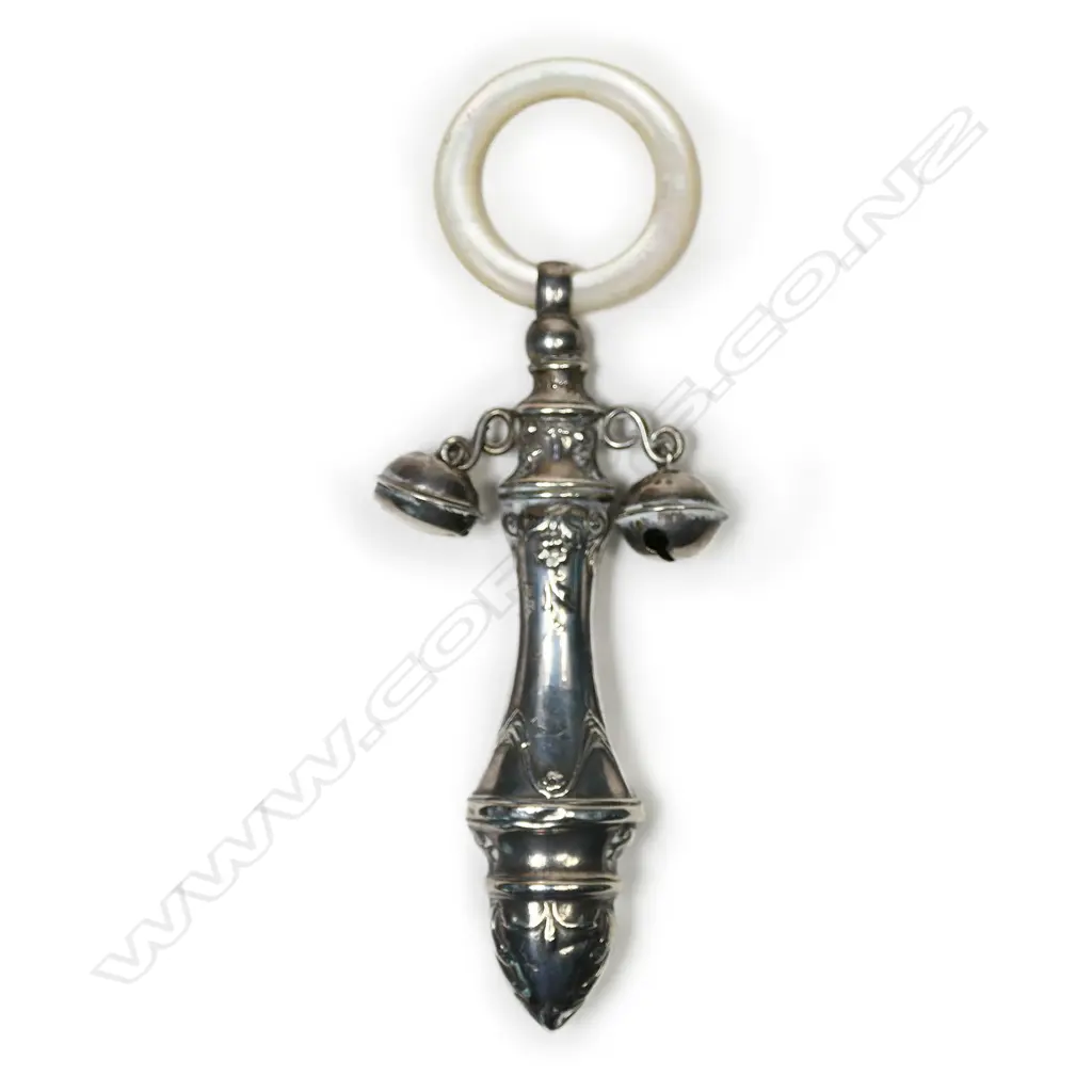 A silver and mother of pearl baby rattle, Image 1++
