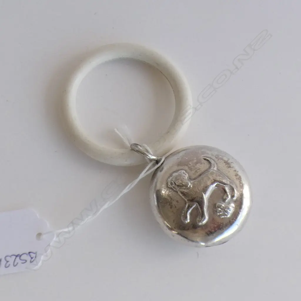 SILVER PLATE BABY RATTLE (DOG & FROG) WITH PLASTIC RING Image 1++