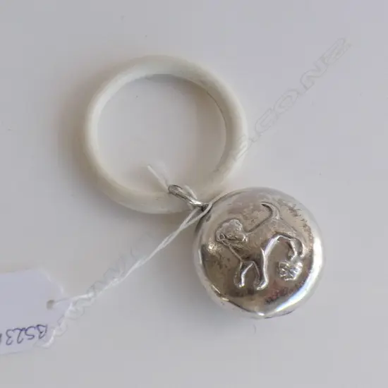 SILVER PLATE BABY RATTLE (DOG & FROG) WITH PLASTIC RING