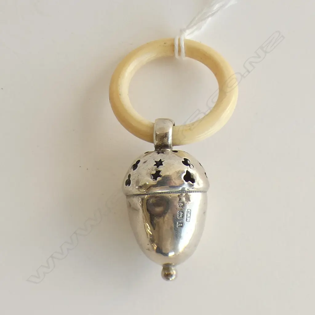 SILVER BABY RATTLE (ACORN) WITH IVORINE RING Image 1++