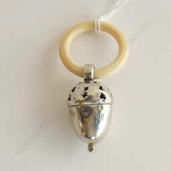 SILVER BABY RATTLE (ACORN) WITH IVORINE RING