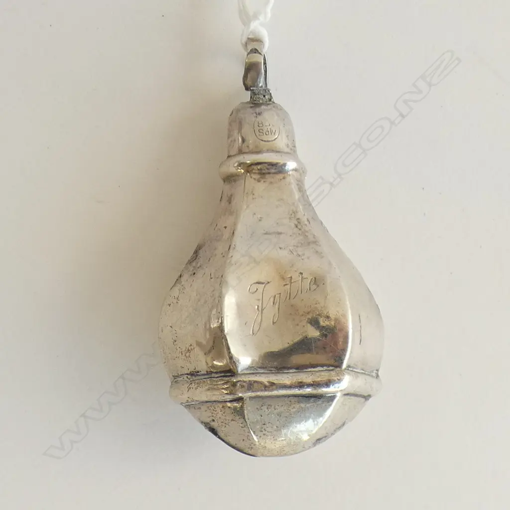 SILVER POWDER FLASK RATTLE (BELL MISSING) Image 1++