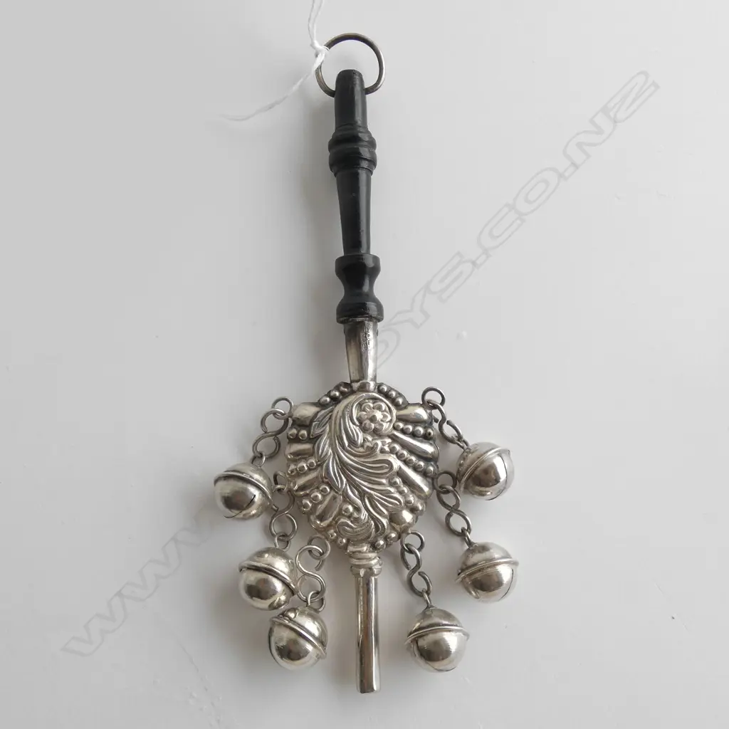 SILVER BABY RATTLE 6 BELLS AND EBONY Image 1++