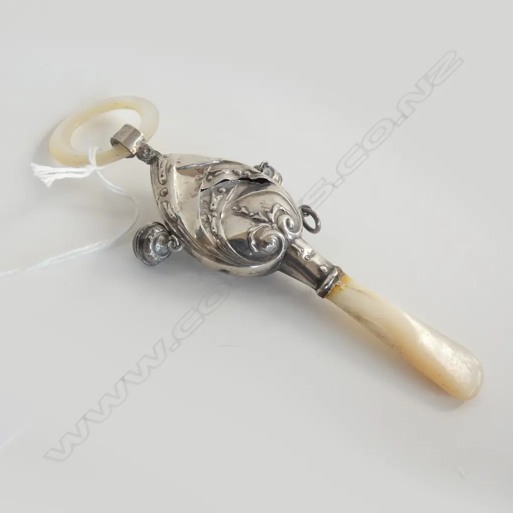 SILVER BABY RATTLE 2 BELLS WITH M.O.P RING a/f Image 1++