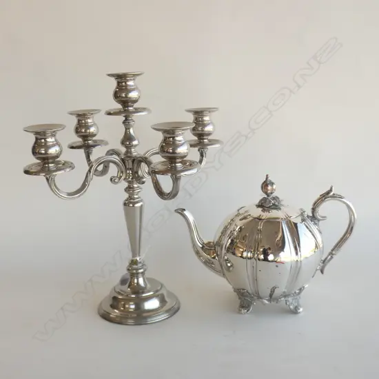 LARGE 4 ARM CANDELABRAH H.370mm + SILVER PLATE TEAPOT