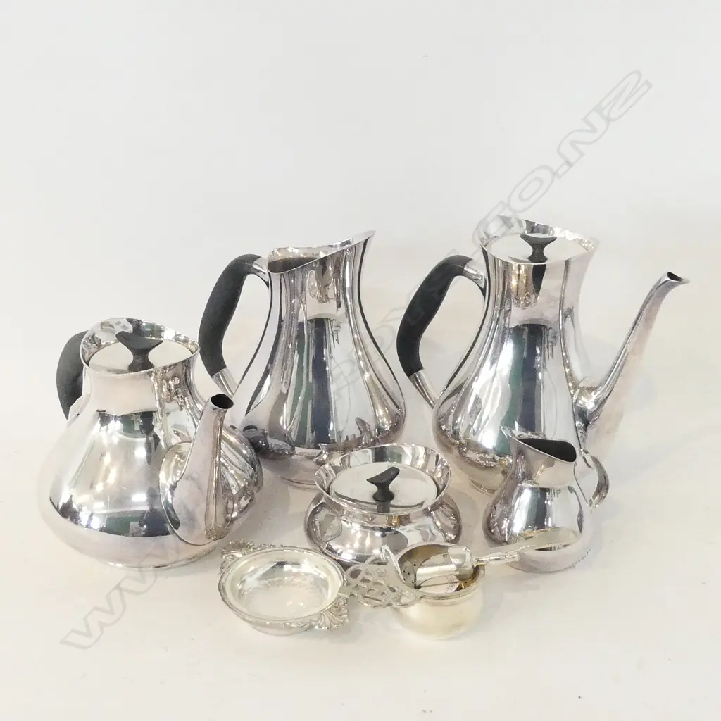 4 PC DANISH SILVER PLATE TEA SERVICE; COFFEE POT, TEAPOT, LG JUG & SUGAR BOWL + TEA STRAINER, SUGAR SCOOP ETC.. Image 1++