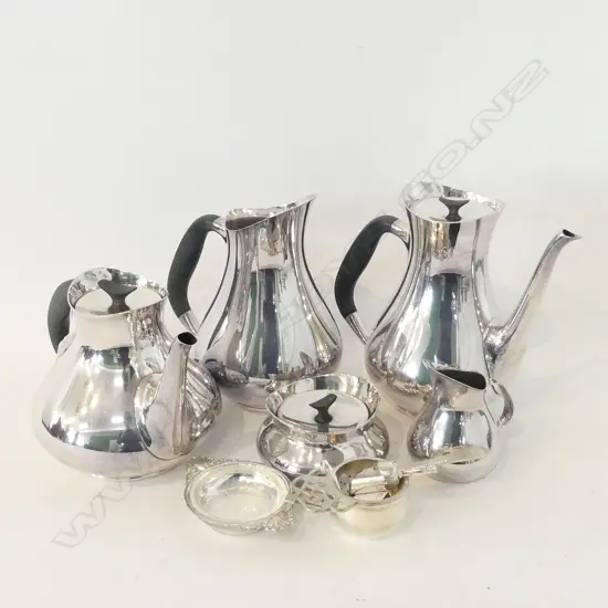 4 PC DANISH SILVER PLATE TEA SERVICE; COFFEE POT, TEAPOT, LG JUG & SUGAR BOWL + TEA STRAINER, SUGAR SCOOP ETC..