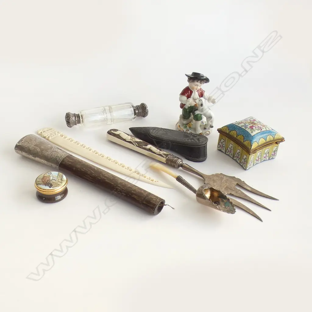 9 ASST. ITEMS; 4 STG TRIMMED PCES, FIGURINE, 3 LIDDED CONTAINERS, IVORY? KNIFE  Image 1++