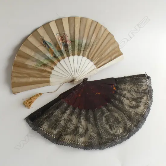 TWO VINTAGE FANS, 1 TORTOISE SHELL + 1 BONE, LARGEST 550 x 300mm