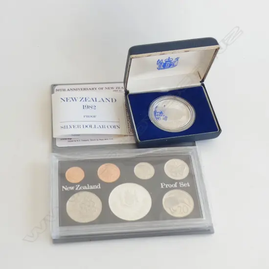 50TH ANNIVERSARY 1933-1983 NZ PROOF SET AND ONE 1982 PROOF SILVER DOLLAR TAKAHE