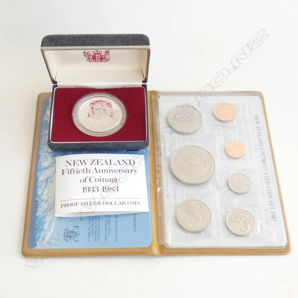 NZ NATIONAL PARKS CENTENNIAL 1887-1987 AND ONE FIFTIETH ANNIVERSARY OF COINAGE 1933-1984 PROOF SILVER DOLLAR Image 1++