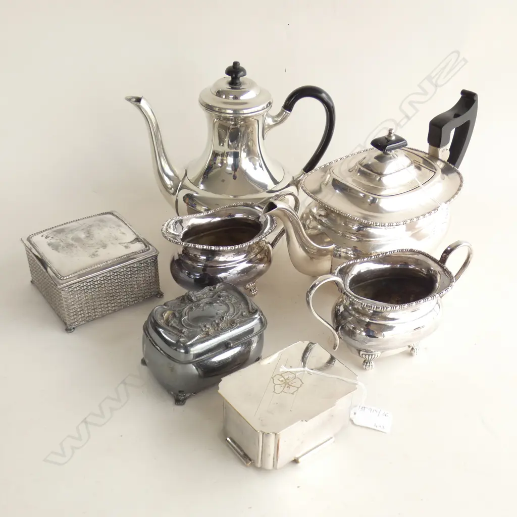 3 PCE VINERS EP TEA SET + PEWTER COFFEEPOT + 3 LIDDED CONTAINERS   Image 1++
