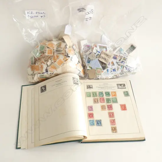 2 LG BAGS ASST NZ STAMPS + ALBUM OF WORLD STAMPS