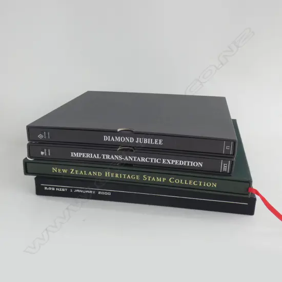 4 NZ STAMP BOOKS; 2000, HERITAGE, DIAMOND JUBILEE, TRANS-ANTARCTIC