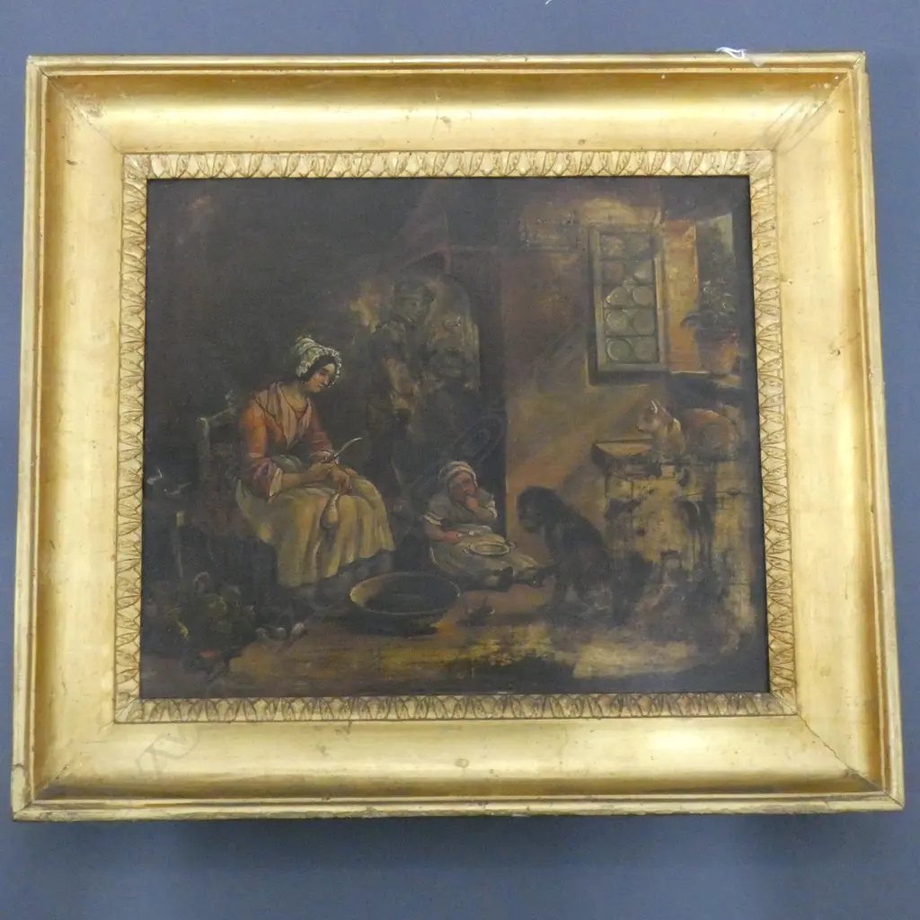 19TH C ARTIST UNKNOWN INTERIOR SCENE WITH FIGURES OIL ON BOARD 250 x 290mm. Image 1++