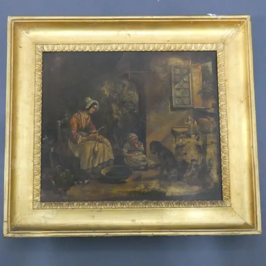 19TH C ARTIST UNKNOWN INTERIOR SCENE WITH FIGURES OIL ON BOARD 250 x 290mm.