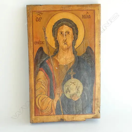 N+A HANTON 'ARCHANGEL MICHAEL' PIGMENT ON GESSO ON WOODEN BOARD 2001 330x200mm 