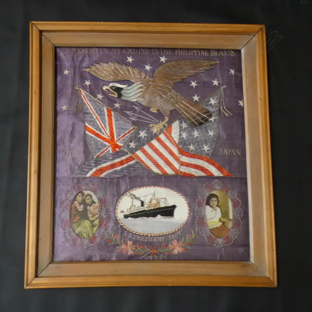 FRAMED EMBROIDERED PANEL 'IN MEMORY OF MY CRUISE IN THE PHILLIPPINE ISLANDS / CHINA / JAPAN' 'S.S. PRESIDENT TAFT 1923'  Image 1++