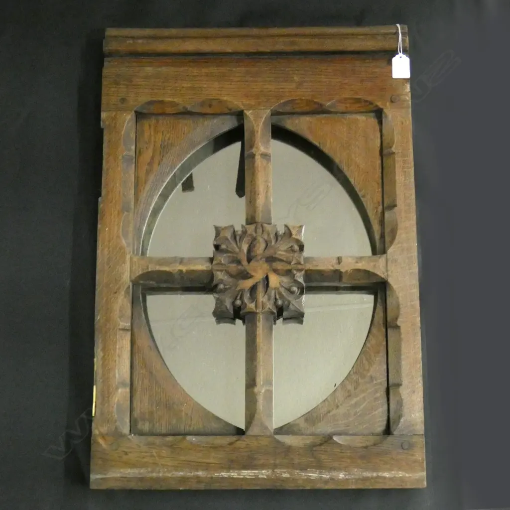 OLD CARVED OAK CHURCH DOOR PANEL AS MIRROR 655x445mm Image 1++