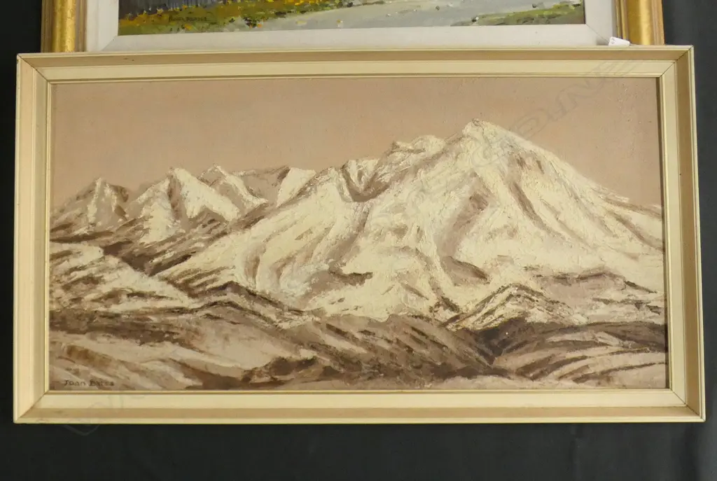 OIL ON BOARD; SNOWY MOUNTAIN SCENE BY JOAN BATES Image 1++