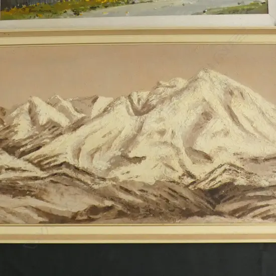 OIL ON BOARD; SNOWY MOUNTAIN SCENE BY JOAN BATES