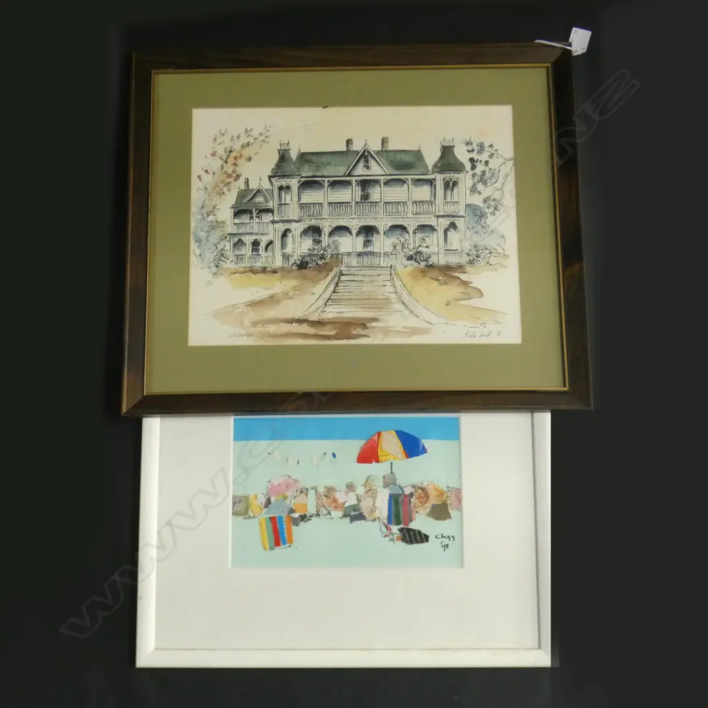 BEACH SCENE PAPER ART ON BOARD - SIGNED 'CLEGG '98' 270 X 175MM + WATERCOLOUR 'ALBERTON' KATIE SMITH '76 400 X 300MM Image 1++