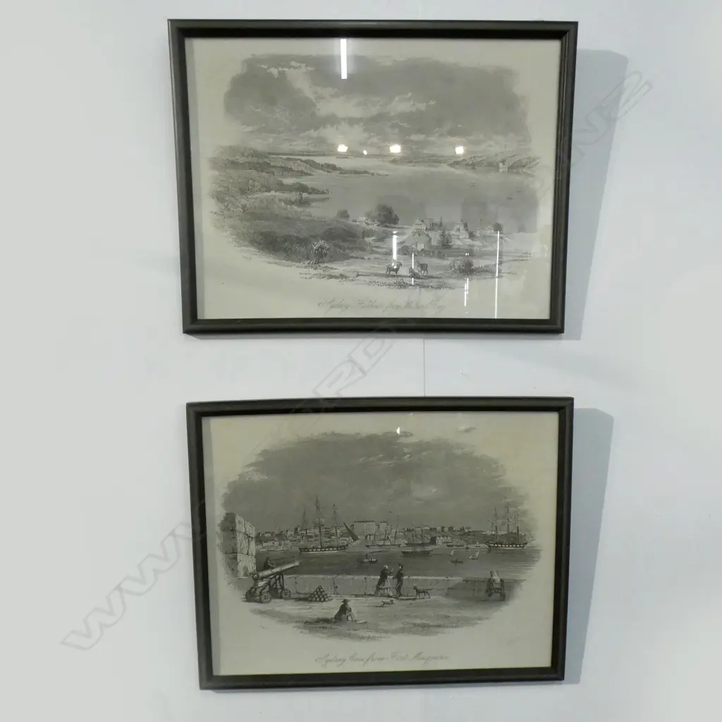 PR OLD FRAMED ETCHINGS; SYDNEY HARBOUR FROM FORT MACQUARIE & FROM WATSONS BAY  460 X 350MM Image 1++