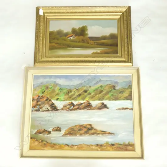 2 VINTAGE OIL LANDSCAPES; GILT FRAMED 235x440mm & F. T. FOSTER 445x600mm