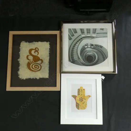 3 ARTWORKS; PAULINE BORELL 'FAT SPIRAL MANAIA' 350x280mm, STAIRCASE PRINT, EVIL EYE HAND