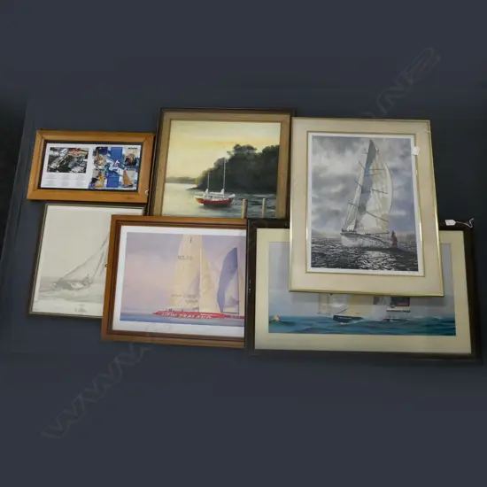 5 FRAMED YACHTING PRINTS + 1 OIL PAINTING W 880 MM