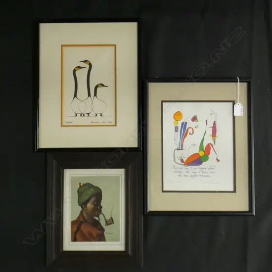 3 FRAMED PRINTS; C H GREAVES AFRICAN MAN WITH PIPE  / BENJAMIN CHEE CHEE 'FRIENDS' &  'LAUGHTER & HOME' 190 X 240MM