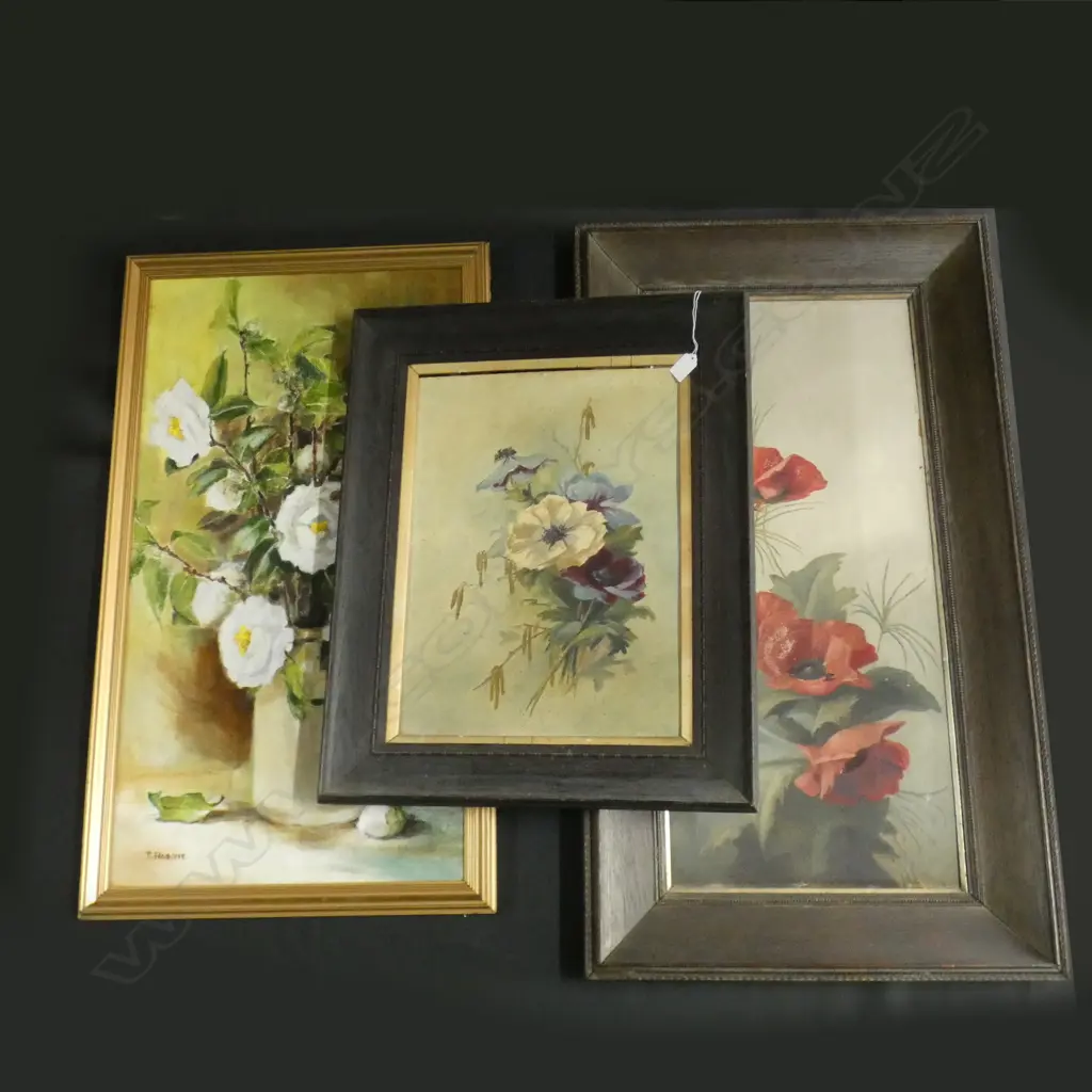 3 OIL ON BOARD - FLORAL PAINTINGS - ONE SIGNED T RATHBONE LARGEST  415 X 790MM Image 1++