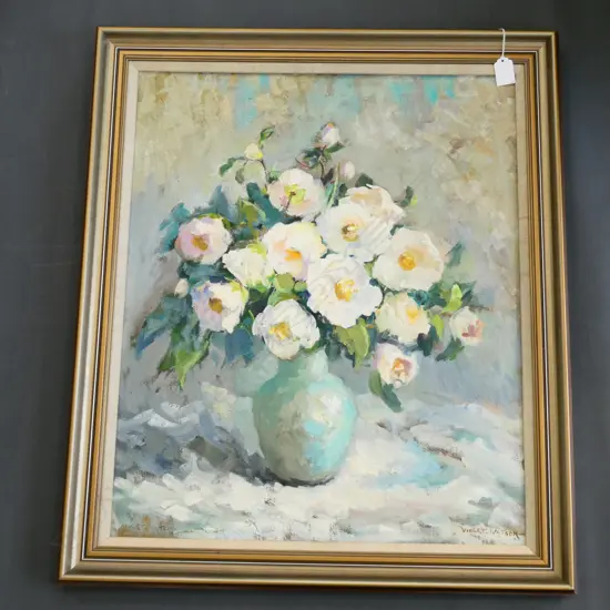 VIOLET WATSON OIL ON BOARD "STILL LIFE WITH FLOWERS" 610 x 490mm five times winner of the Kelliher Award