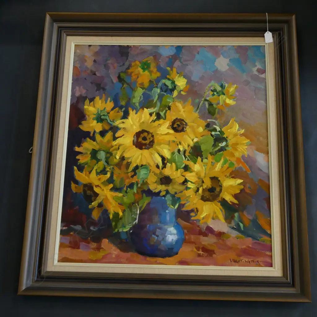 VIOLET WATSON OIL ON BOARD "STILL LIFE WITH SUNFLOWERS" 710 x 610mm five times winner of the Kelliher Award Image 1++